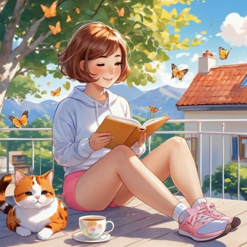 relaxing reading,reading,little girl reading,coffee and books,girl studying,tea and books,read a book,bookworm,author,idyllic,readers,cute cartoon image,relaxed young girl,summer day,books,novels,book collection,writing-book,reading owl,child with a book,Illustration,Japanese style,Japanese Style 01