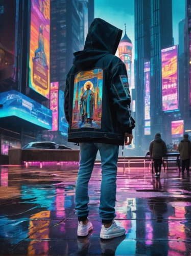 cyberpunk,world digital painting,pedestrian,colorful city,backpack,futuristic,digital nomads,80's design,cityscape,hk,80s,dystopian,city youth,urban,art background,would a background,music background,city lights,sci fiction illustration,cinema 4d,Illustration,Realistic Fantasy,Realistic Fantasy 43