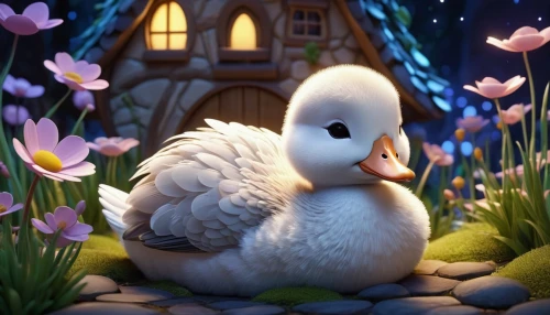 olaf,dodo,fairy penguin,cockerel,swan cub,pato,gosling,duck cub,white pigeon,animal film,cinderella,chick,baby swan,avian,gallinacé,araucana,silkie,young swan,spring background,cute cartoon character,Unique,3D,3D Character