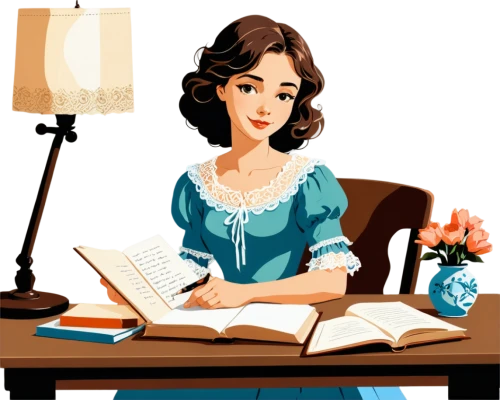 jane austen,girl studying,book illustration,vintage illustration,elizabeth nesbit,victorian lady,women's novels,milkmaid,sci fiction illustration,game illustration,author,retro 1950's clip art,illustrator,coffee tea illustration,twenties women,vector illustration,writer,writing-book,crinoline,vintage woman,Illustration,Vector,Vector 01