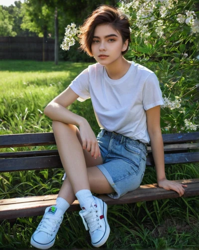 park bench,girl in t-shirt,bench,white shirt,girl sitting,outdoor bench,in the park,on the grass,wooden bench,garden bench,teen,sitting on a chair,cotton top,sitting,relaxed young girl,asian girl,red bench,short,tee,girl lying on the grass,Conceptual Art,Graffiti Art,Graffiti Art 02