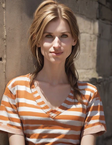 horizontal stripes,british actress,iulia hasdeu castle,blue jasmine,girl in t-shirt,striped background,cotton top,in a shirt,female doctor,short blond hair,a charming woman,stripes,liberty cotton,orange,female hollywood actress,emily,polo shirt,pretty young woman,young woman,actress,Photography,Natural