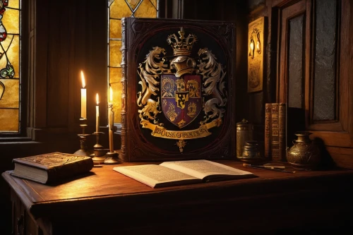 knight pulpit,lectern,heraldry,heraldic,cabinet,hogwarts,elizabethan manor house,interior decor,coat arms,pulpit,guestbook,coats of arms of germany,writing desk,academic dress,crest,corinthian order,prayer book,dark cabinetry,reading room,old library,Illustration,Retro,Retro 09