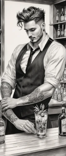 bartender,barman,barista,barbershop,barmaid,liquor bar,barber shop,unique bar,bar counter,old fashioned,apothecary,bar,rockabilly style,coctail,waiter,pomade,cocktail,barber,classic cocktail,rockabilly,Illustration,Black and White,Black and White 30