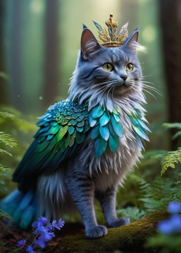 norwegian forest cat,cat sparrow,fairy peacock,cat warrior,fantasy picture,animals play dress-up,fairy tale character,fantasy art,whimsical animals,fairy queen,fairytale characters,forest animal,fantasy portrait,wild emperor,animal feline,siberian cat,faery,breed cat,anthropomorphized animals,maincoon,Illustration,Paper based,Paper Based 10