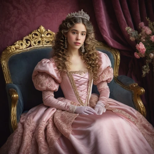the victorian era,cinderella,la violetta,princess sofia,angelica,portrait of a girl,queen anne,a princess,british actress,victorian lady,lily-rose melody depp,victoria,victorian style,victorian fashion,girl in a historic way,pink chair,isabella,debutante,old elisabeth,in seated position,Art,Artistic Painting,Artistic Painting 04
