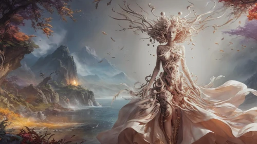dryad,fantasy picture,flourishing tree,fantasy art,magic tree,fantasy landscape,autumn tree,elven forest,tree of life,dragon tree,fae,the roots of trees,bridal veil,autumn background,burning tree trunk,autumn mountains,tree and roots,natura,autumn forest,elven flower