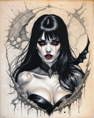 vampire woman,vampire lady,vampira,goth woman,deadly nightshade,gothic portrait,gothic woman,dark angel,chalk drawing,dark art,widow spider,voodoo woman,seven sorrows,the enchantress,widow,vampire,raven girl,tura satana,fantasy woman,queen of the night,Illustration,Abstract Fantasy,Abstract Fantasy 05