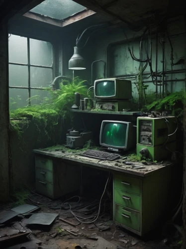 abandoned place,abandoned places,abandoned room,abandoned,lost place,computer room,lost places,lostplace,disused,derelict,the server room,abandonded,computer,decay,urbex,overgrown,abandon,post-apocalypse,computer workstation,post apocalyptic,Illustration,Realistic Fantasy,Realistic Fantasy 17