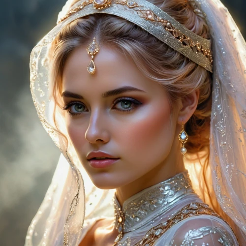 bridal jewelry,bridal accessory,bridal,indian bride,bridal clothing,bridal dress,bride,blonde in wedding dress,wedding dresses,diadem,golden weddings,romantic portrait,mystical portrait of a girl,silver wedding,gold filigree,gold foil crown,jessamine,princess crown,faery,wedding dress,Illustration,Realistic Fantasy,Realistic Fantasy 32