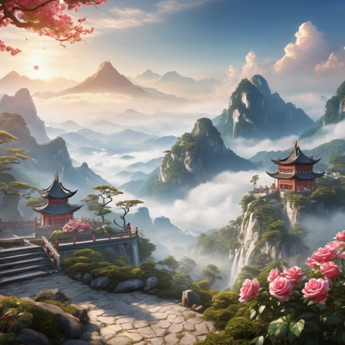 fantasy landscape,landscape background,chinese art,mountain landscape,mountainous landscape,chinese background,mountain scene,chinese temple,japanese sakura background,yunnan,japan landscape,oriental painting,cartoon video game background,chinese clouds,oriental,full hd wallpaper,beautiful landscape,sakura background,beauty scene,mount scenery,Photography,General,Realistic