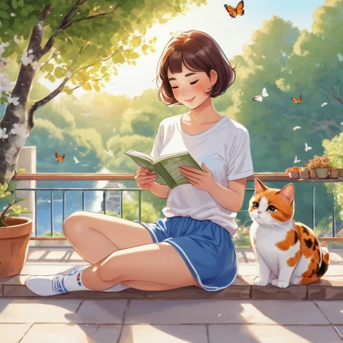 summer day,reading,studio ghibli,relaxing reading,girl studying,little girl reading,summer evening,readers,read a book,bookworm,ritriver and the cat,sunny day,idyllic,summer feeling,spring morning,girl and boy outdoor,game illustration,playing outdoors,study,a beautiful day,Illustration,Japanese style,Japanese Style 01