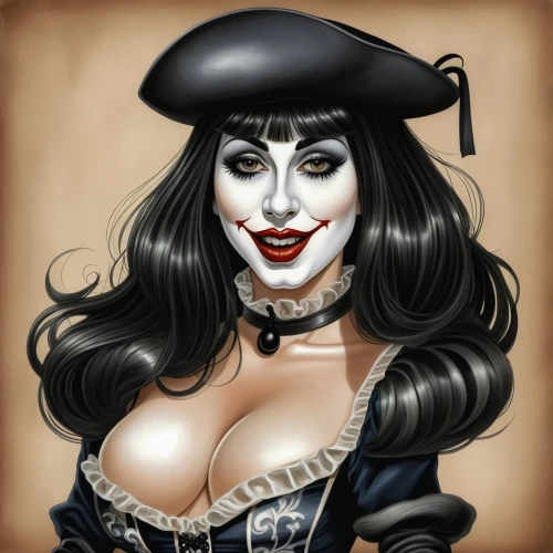 vampire woman,caricaturist,vampire lady,rockabella,vampira,the sea maid,gothic portrait,la catrina,venetia,catrina,fantasy portrait,catrina calavera,black hat,voodoo woman,harley,barmaid,corset,victorian lady,dita,pirate,Illustration,Abstract Fantasy,Abstract Fantasy 23