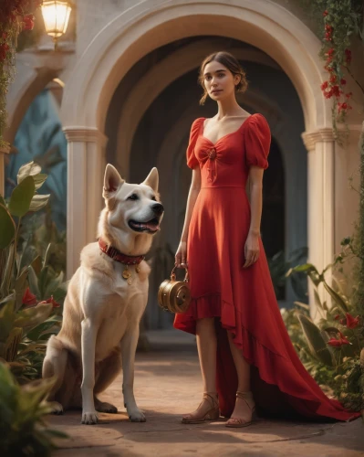 man in red dress,lady in red,red gown,russo-european laika,in red dress,red riding hood,laika,girl in red dress,cinderella,red dress,girl with dog,red cape,fantasy picture,cruella,cg artwork,queen of hearts,digital compositing,a fairy tale,way of the roses,red coat,Photography,General,Cinematic