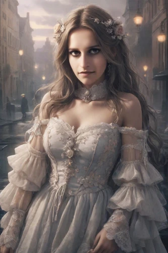 victorian lady,rapunzel,cinderella,fairy tale character,fantasy portrait,jessamine,girl in a long dress,romantic portrait,bridal clothing,white rose snow queen,a girl in a dress,mystical portrait of a girl,bridal,fantasy picture,dead bride,bridal dress,gothic portrait,female doll,wedding dress,ball gown,Photography,Realistic