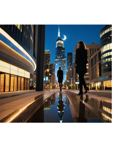 people walking,pedestrian,woman walking,city scape,electronic signage,pedestrian lights,bicycle path,hudson yards,stock exchange broker,wall street,bike path,new york streets,a pedestrian,financial district,tall buildings,1 wtc,1wtc,citylights,led-backlit lcd display,night photography,Illustration,Paper based,Paper Based 09