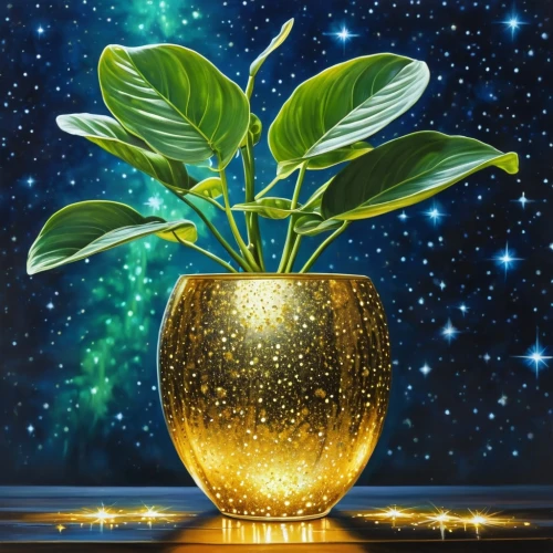 golden candle plant,golden pot,lantern plant,potted plant,starfruit plant,ikebana,anahata,green plant,container plant,money plant,ayurveda,plant pot,magical pot,glass vase,constellation pyxis,garden pot,vase,gold chalice,houseplant,pot plant,Photography,General,Realistic