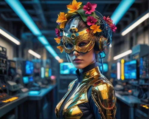 valerian,masquerade,cyberpunk,cyber glasses,gold mask,golden crown,gold flower,cosmetics counter,golden flowers,golden mask,streampunk,retro woman,gold crown,scifi,symetra,computer art,mary-gold,head woman,crown render,gold shop,Photography,Artistic Photography,Artistic Photography 08