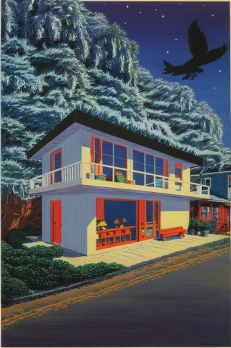 matruschka,holiday motel,mid century house,night scene,holiday home,beach house,motel,night bird,drive in restaurant,bungalow,real-estate,mid century modern,nocturnal bird,inverted cottage,dunes house,flock house,red robin,lonely house,pigeon house,hitchcock,Illustration,Children,Children 05