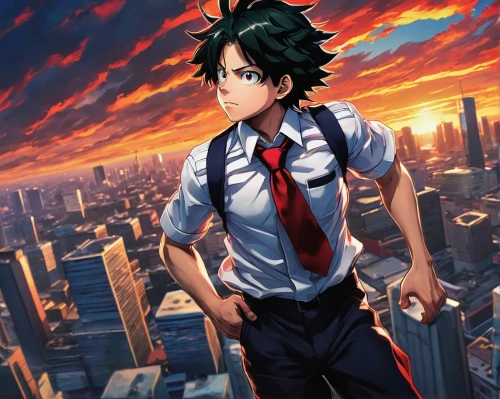 my hero academia,dusk background,cg artwork,anime cartoon,above the city,anime boy,tie,ren,ganai,would a background,hero academy,wiz,background images,cityscape,persona,anime 3d,phoenix,jin deui,honolulu,skycraper,Illustration,Japanese style,Japanese Style 11