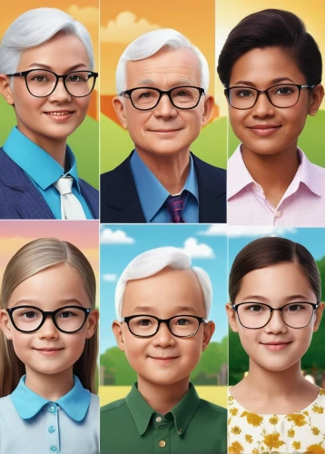 kids glasses,vision care,children's background,elderly people,pictures of the children,photos of children,seven citizens of the country,senior citizens,cartoon people,diverse family,age,pensioners,children's eyes,avatars,elderly,vector people,portrait background,parsley family,reading glasses,grandchildren,Conceptual Art,Oil color,Oil Color 14