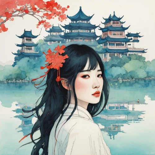 oriental princess,oriental girl,chinese art,junshan yinzhen,geisha girl,oriental painting,geisha,japanese art,mulan,japanese floral background,oriental,asia,japanese background,white blossom,plum blossoms,watercolor background,water lotus,芦ﾉ湖,japanese woman,japanese sakura background,Illustration,Paper based,Paper Based 19