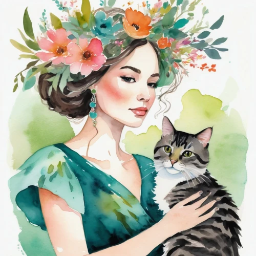 flower cat,boho art,pet portrait,flower animal,fashion illustration,jane austen,flora,romantic portrait,digital illustration,girl in a wreath,watercolor pin up,girl in flowers,watercolor cat,fantasy portrait,cat portrait,cat vector,victorian lady,watercolor women accessory,vintage illustration,frida,Art,Artistic Painting,Artistic Painting 24