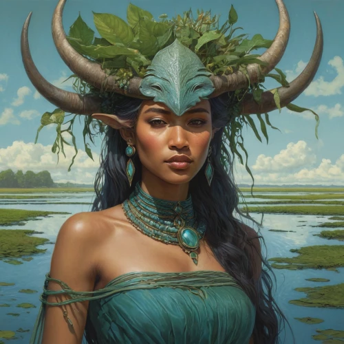 fantasy portrait,anahata,polynesian girl,polynesian,fantasy art,zodiac sign libra,the zodiac sign taurus,elven,medusa,dryad,druid,artemisia,cleopatra,taurus,fantasy woman,rusalka,the enchantress,green dragon,tree crown,moana,Illustration,Realistic Fantasy,Realistic Fantasy 44