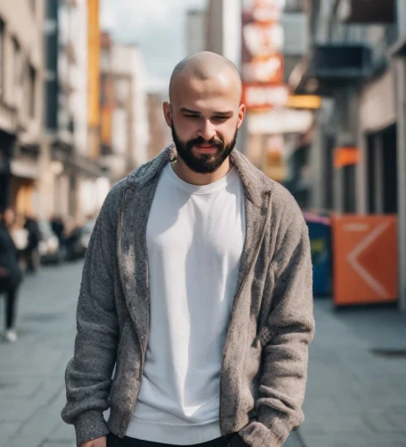 middle eastern monk,young model istanbul,male model,long-sleeved t-shirt,men's wear,street fashion,danila bagrov,on the street,white head,men clothes,beyaz peynir,buzz cut,fashion street,beard,kato lefkara,city ​​portrait,romanian,bolero jacket,advertising clothes,persian,Photography,Natural