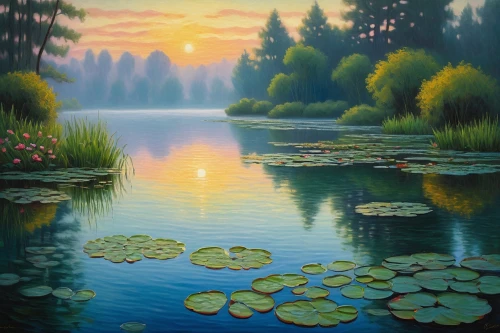 lily pond,lilly pond,water lilies,evening lake,lily pads,oil painting on canvas,river landscape,landscape background,nature landscape,alligator lake,wetland,lotus pond,wetlands,oil painting,lotus on pond,oil on canvas,pond,white water lilies,garden pond,lotuses,Conceptual Art,Daily,Daily 25