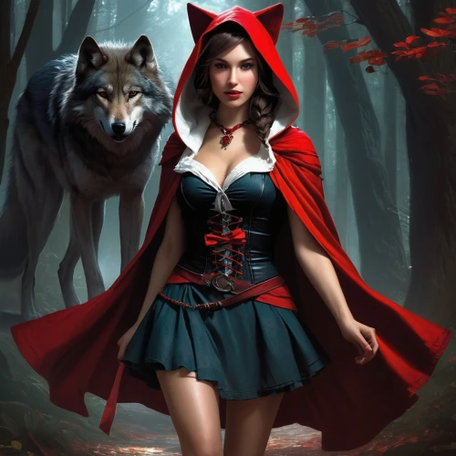red riding hood,little red riding hood,red coat,scarlet witch,red cape,red tunic,fantasy picture,queen of hearts,red wolf,huntress,red skirt,howling wolf,lady in red,fantasy art,man in red dress,vampire woman,fairy tale character,fantasy woman,sorceress,vampire lady,Conceptual Art,Fantasy,Fantasy 11