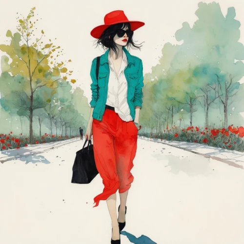 fashion illustration,woman walking,watercolor women accessory,woman in menswear,women fashion,watercolor painting,fashionable girl,red coat,fashion vector,fashion girl,watercolor,women clothes,travel woman,fashion sketch,watercolor paint,girl walking away,woman shopping,shopper,vintage fashion,fashion street,Illustration,Paper based,Paper Based 19