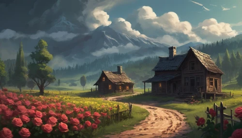 lonely house,home landscape,little house,summer cottage,fantasy landscape,salt meadow landscape,witch's house,house in the forest,cottage,small house,small cabin,farmstead,mountain settlement,the cabin in the mountains,red barn,house in mountains,meadow landscape,house in the mountains,dandelion meadow,rural landscape,Conceptual Art,Fantasy,Fantasy 02