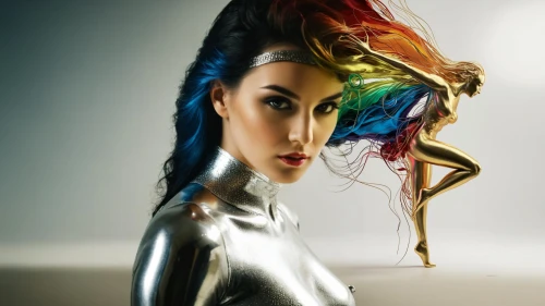 rainbow unicorn,prismatic,bodypaint,bodypainting,artificial hair integrations,prism,hair coloring,conceptual photography,iridescent,body painting,unicorn and rainbow,streampunk,unicorn art,art model,neon body painting,golden unicorn,bjork,hairdressing,metallic,gold foil mermaid