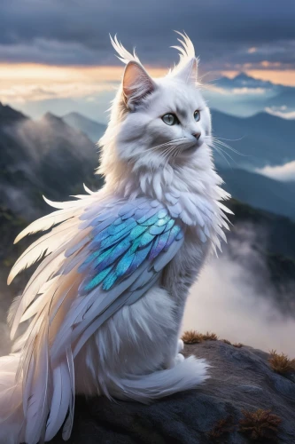 norwegian forest cat,gryphon,white feather,cat sparrow,nimbus,majestic,magpie cat,hawk feather,fantasy picture,cat warrior,griffon bruxellois,ori-pei,fantasy portrait,birman,hedwig,mountain spirit,aegean cat,feather,majestic nature,fluffy tail,Illustration,Japanese style,Japanese Style 10