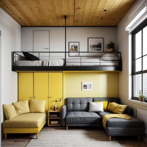 modern decor,loft,contemporary decor,yellow wall,apartment lounge,shared apartment,the living room of a photographer,modern room,mid century modern,interior design,home interior,livingroom,living room,an apartment,western yellow pine,sofa set,one-room,modern living room,family room,great room