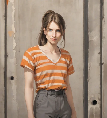 felicity jones,striped background,horizontal stripes,portrait of a girl,girl in overalls,portrait background,striped,stripes,orange,overalls,girl in t-shirt,young woman,concrete background,polo shirt,colored pencil background,girl portrait,girl in a long,oil painting,orange half,oil on canvas,Digital Art,Character Design