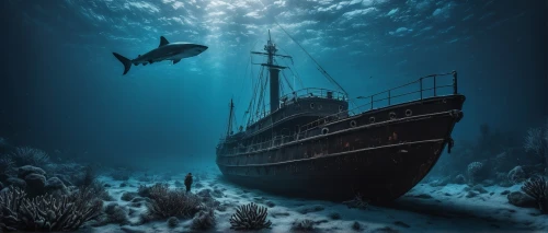 sunken ship,shipwreck,the wreck of the ship,underwater world,ship wreck,ocean underwater,sea fantasy,underwater diving,underwater background,ocean liner,deep sea,sunken boat,ghost ship,deep sea diving,blue planet,the bottom of the sea,sea life underwater,fantasy picture,underwater landscape,ship traffic jams,Photography,General,Fantasy