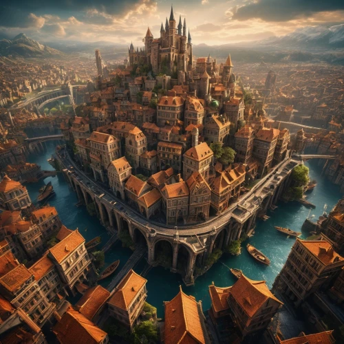 fantasy city,3d fantasy,medieval architecture,city moat,medieval town,ancient city,aerial landscape,constantinople,water castle,fantasy art,beautiful buildings,fantasy world,fantasy picture,new castle,fantasy landscape,venetian,medieval,kings landing,gold castle,city cities,Photography,General,Fantasy