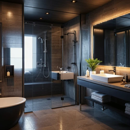 luxury bathroom,modern minimalist bathroom,shower bar,bathroom,luxury home interior,interior modern design,shower base,modern decor,interior design,bathroom cabinet,dark cabinetry,washroom,bathtub,bathroom accessory,contemporary decor,shower door,3d rendering,luxury hotel,penthouse apartment,interior decoration