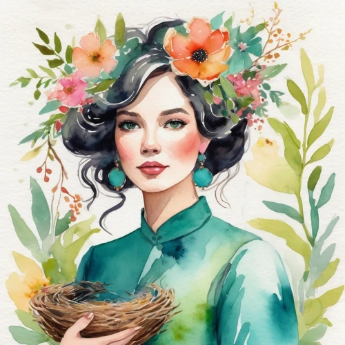 girl in a wreath,flora,flower and bird illustration,rose flower illustration,victorian lady,hydrangea,girl in flowers,jasmine blossom,hydrangeas,boho art,vietnamese woman,fantasy portrait,jane austen,magnolia,vintage woman,coffee tea illustration,blooming wreath,novruz,natura,flower illustration