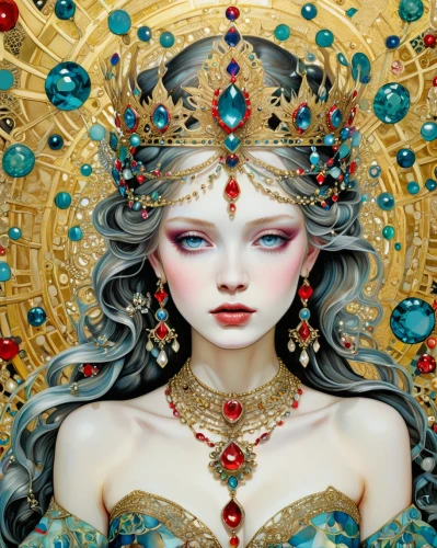 oriental princess,fantasy art,priestess,adornments,gold ornaments,jeweled,gold filigree,drusy,golden wreath,gold foil art,the carnival of venice,golden crown,gold jewelry,sacred lotus,diadem,jewels,the enchantress,chinese art,peking opera,oriental girl,Illustration,Abstract Fantasy,Abstract Fantasy 04