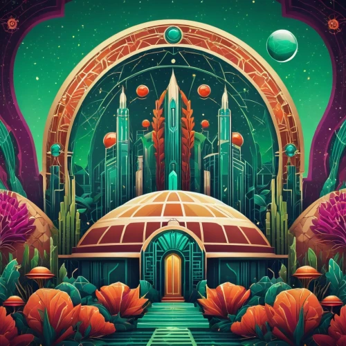 temples,mushroom landscape,utopian,futuristic landscape,oasis,portal,alien planet,cosmos field,fantasy city,alien world,cosmos,atlantis,metropolis,space port,gas planet,sci fiction illustration,kaleidoscope,terrarium,secret garden of venus,apiarium,Illustration,Vector,Vector 16