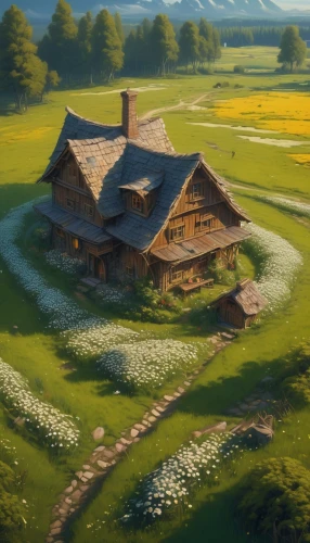 summer cottage,farmhouse,farmstead,home landscape,farm house,house in the mountains,house in mountains,homestead,rural,country cottage,summer meadow,little house,country estate,clover meadow,idyllic,rural landscape,studio ghibli,meadow landscape,the farm,salt meadow landscape,Conceptual Art,Fantasy,Fantasy 01