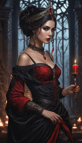 gothic portrait,gothic woman,vampire lady,vampire woman,candlemaker,lady in red,sorceress,gothic fashion,queen of hearts,red tunic,romantic portrait,fantasy art,fantasy portrait,victorian lady,red riding hood,fantasy picture,lady of the night,red gown,priestess,black candle,Conceptual Art,Fantasy,Fantasy 34