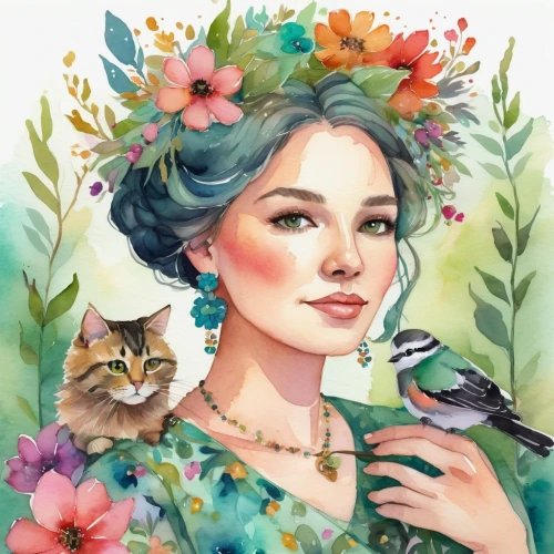 flower and bird illustration,jane austen,fairy peacock,cat sparrow,custom portrait,fantasy portrait,mina bird,bird illustration,spring crown,flower animal,frida,peacock,almond blossoms,boho art,flora,victorian lady,romantic portrait,portrait background,vector illustration,bird painting,Conceptual Art,Oil color,Oil Color 03