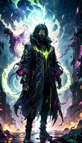 dodge warlock,undead warlock,magus,magistrate,prophet,cyberpunk,argus,electro,nebula guardian,mage,the wanderer,wizard,cloak,cg artwork,sci fiction illustration,monk,vendor,doctor doom,game illustration,summoner,Anime,Anime,General