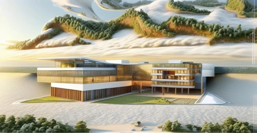 dunes house,eco-construction,3d rendering,modern house,cubic house,modern architecture,eco hotel,house in mountains,ski resort,ski facility,solar cell base,snow house,cube house,smart house,cube stilt houses,floating island,avalanche protection,house in the mountains,futuristic architecture,swiss house