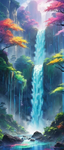 waterfall,water fall,water falls,waterfalls,falls,fantasy landscape,ash falls,cascade,wasserfall,waterscape,futuristic landscape,water scape,underwater oasis,bridal veil fall,lagoon,colorful water,water wall,fairy world,a small waterfall,landscape background,Illustration,Japanese style,Japanese Style 03