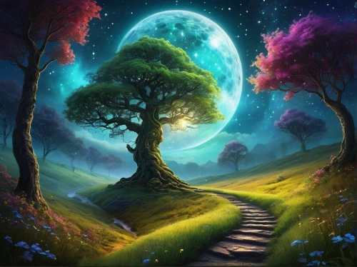fantasy picture,the mystical path,tree top path,fantasy landscape,magic tree,pathway,colorful tree of life,forest path,druid grove,forest of dreams,tree of life,mushroom landscape,fairy forest,the path,fantasy art,enchanted forest,forest landscape,landscape background,purple landscape,tree lined path,Illustration,Abstract Fantasy,Abstract Fantasy 01